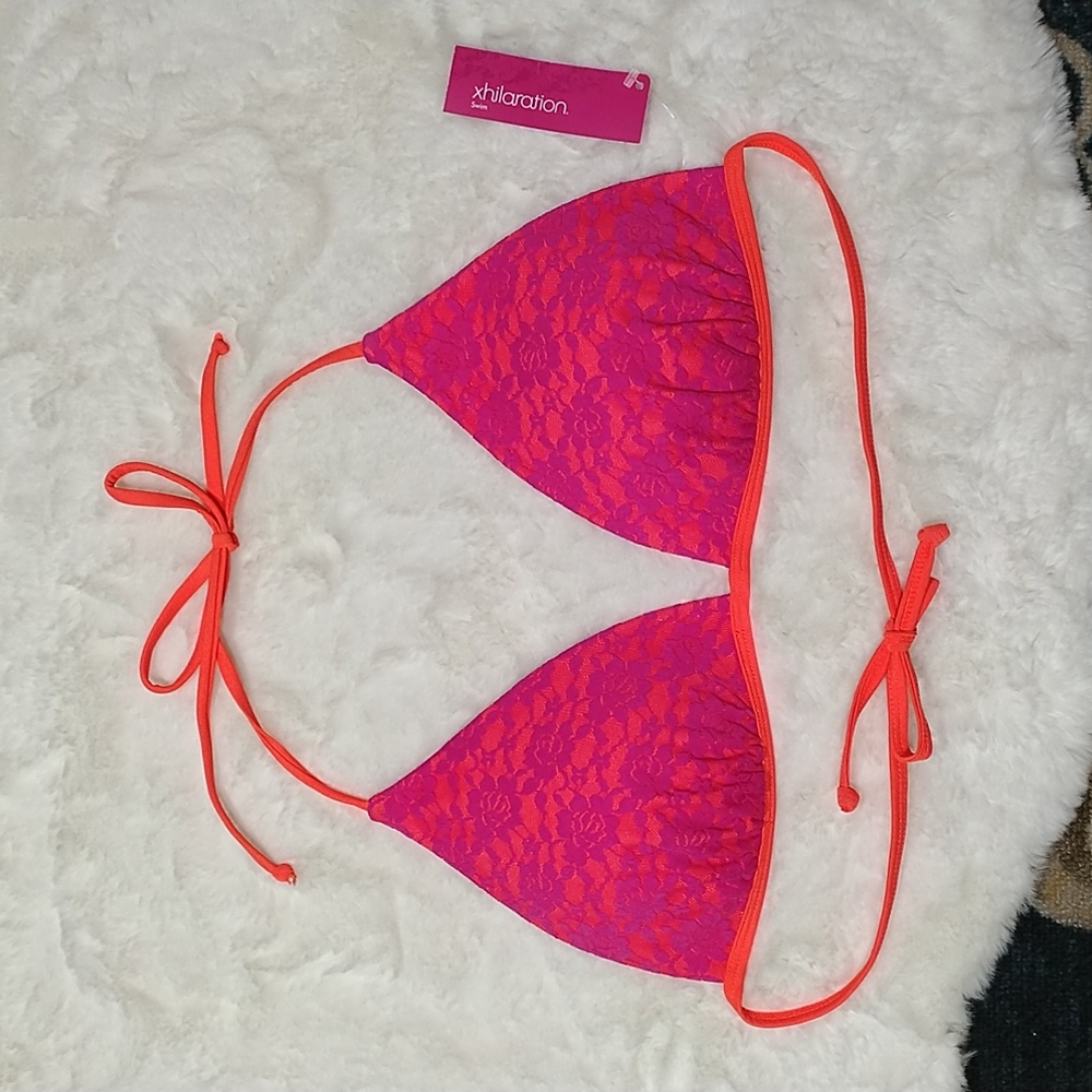 New xhilaration orange w/ fuchsia pink lace padded bikini swim top XL